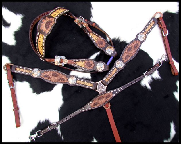 Showman Sunflower Tooled Leather Browband headstall and breastcollar set #2